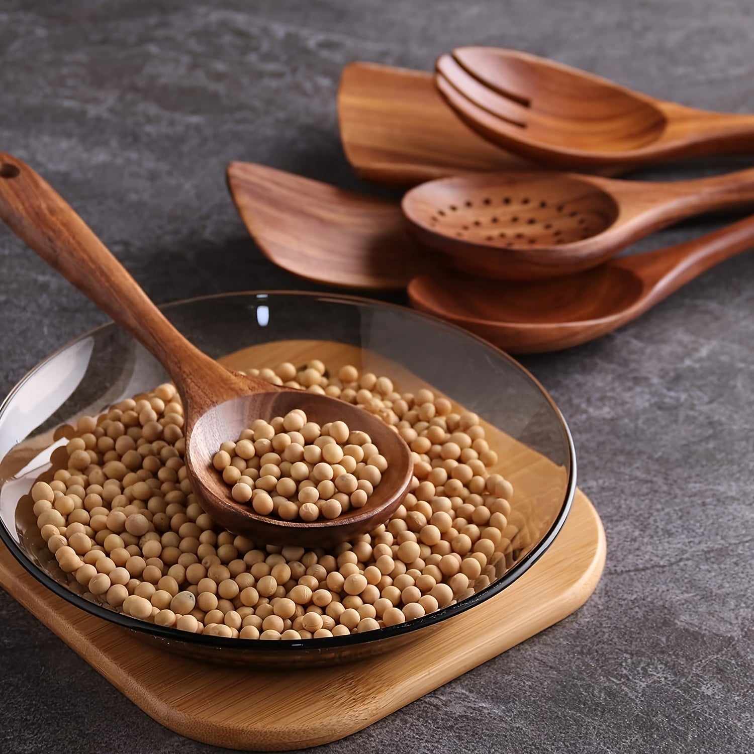 Juego de 7 utensilios de cocina de madera antiadherentes en cubo de almacenamiento con espátula, cuchara y más