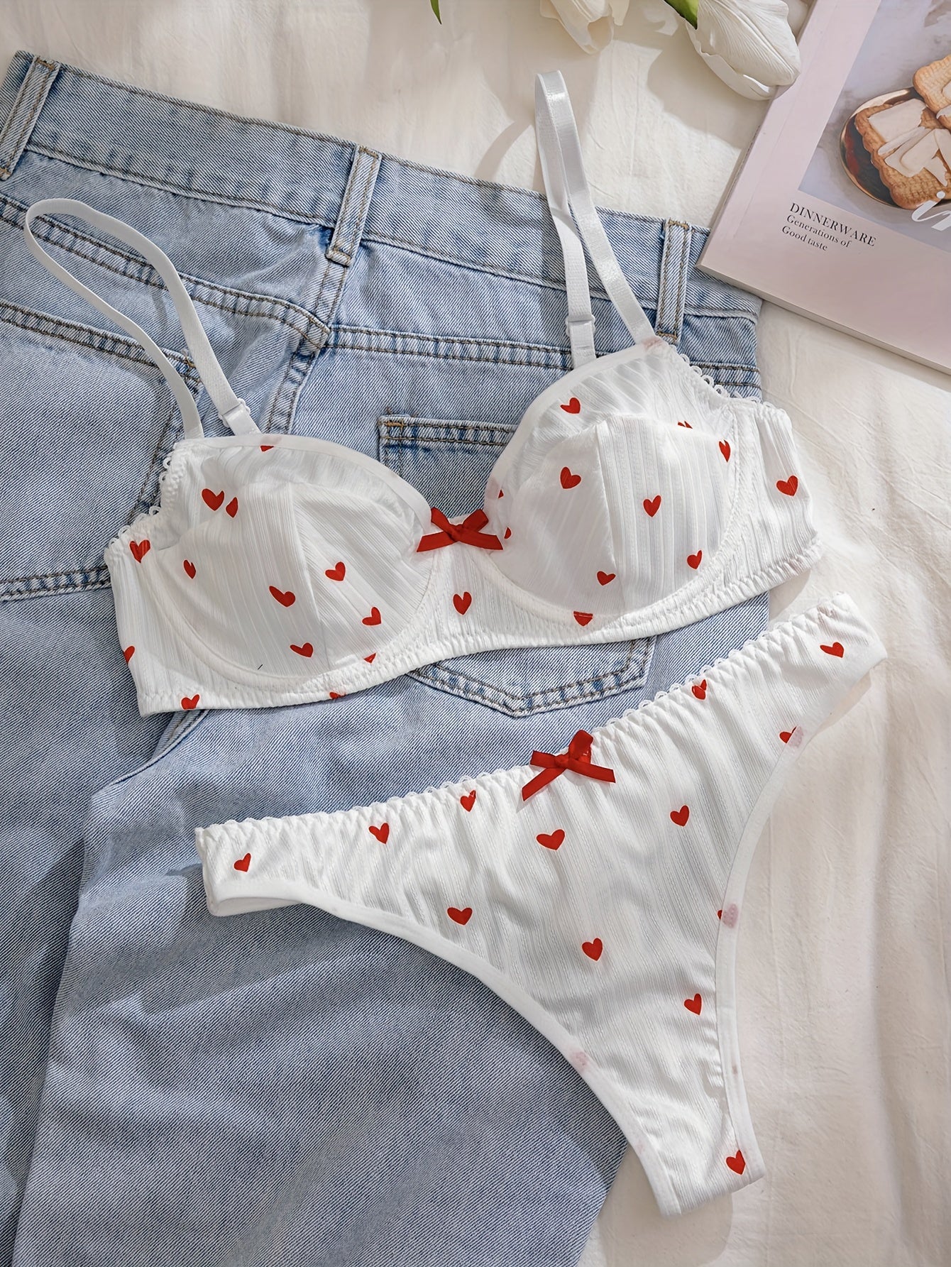 Women Love Print Bow Lingerie Set Polyester Heart Pattern