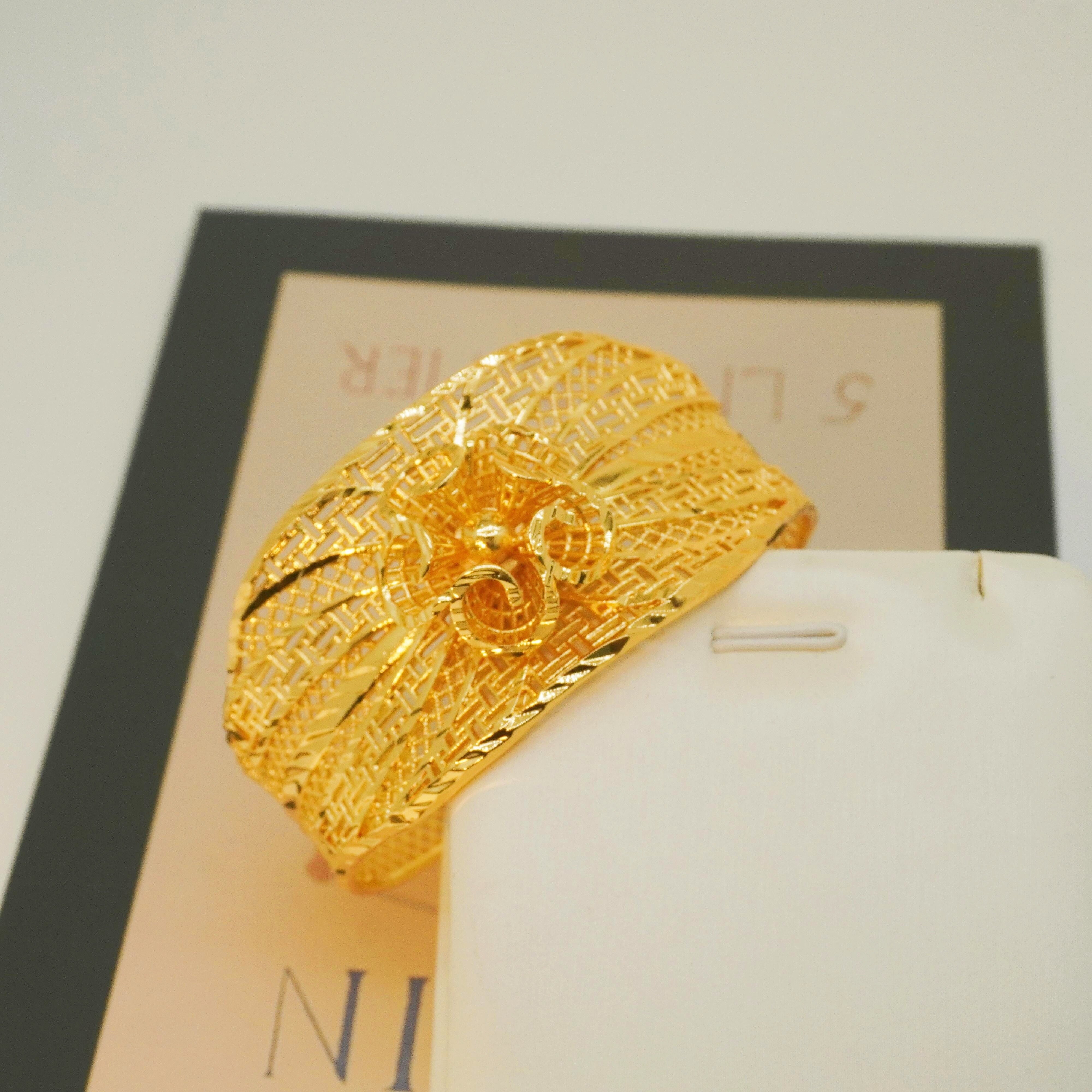 Gold Flower Pattern Wide Bracelet for Weddings and Engagements