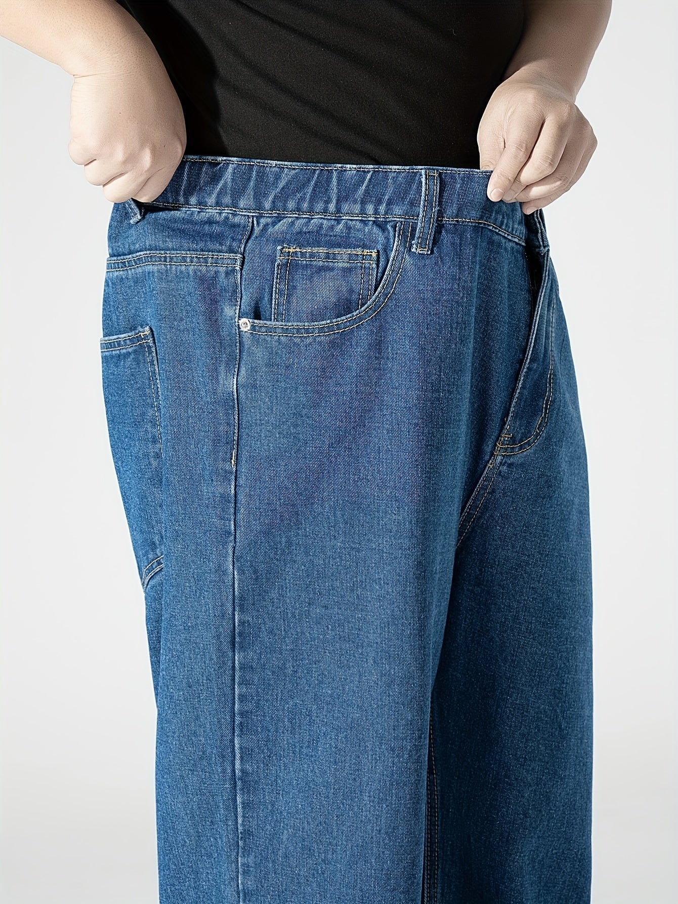 Men's Plus Size Elastic Waist Denim Jeans with Pockets Casual Woven Cotton Trousers