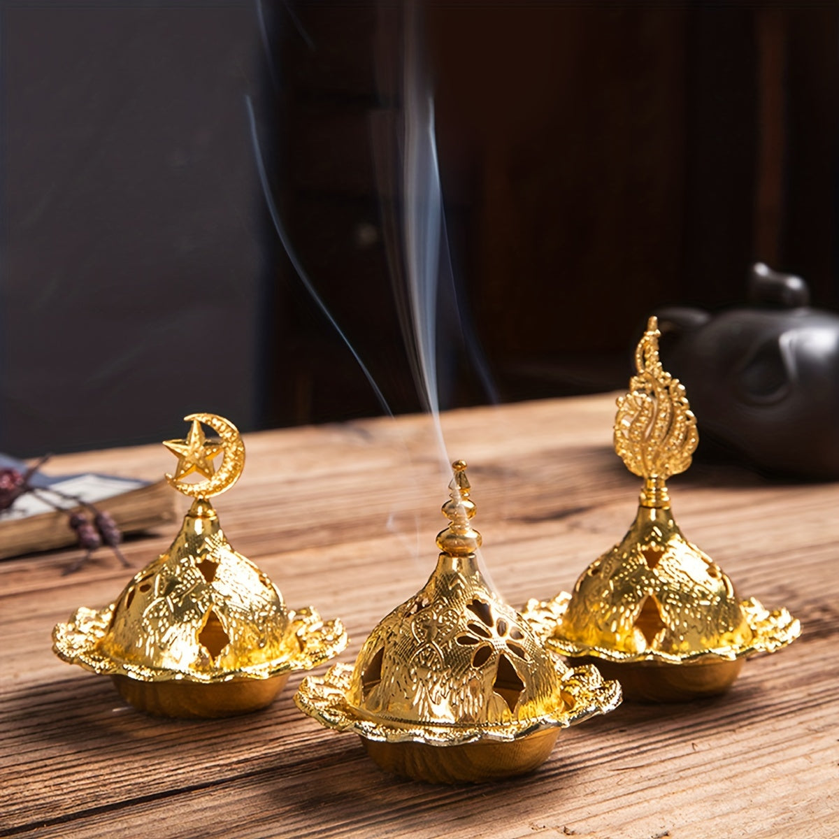 Golden Iron Incense Holder with Middle Eastern Design for Home Decor and Celebrations