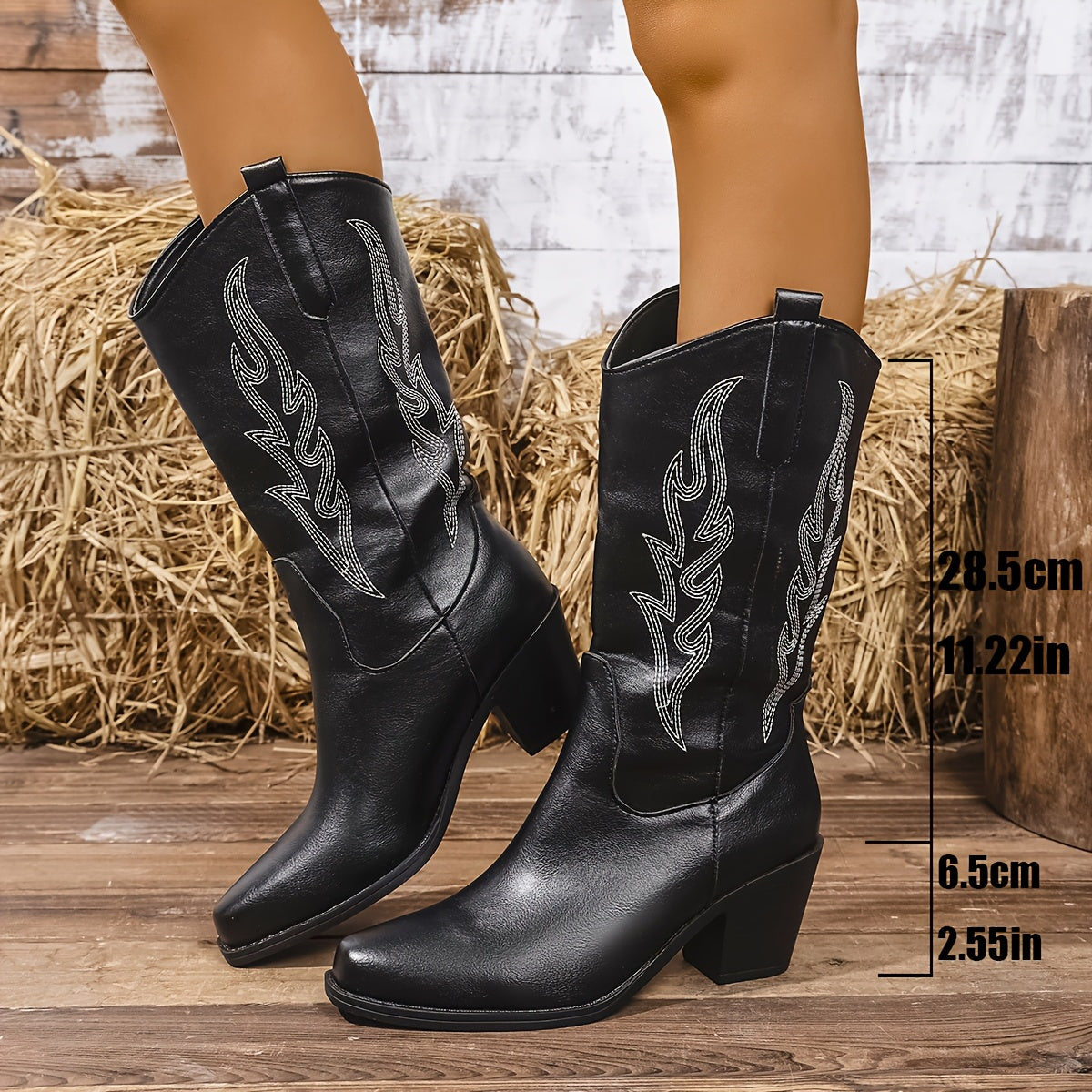 Women's Flame Embroidered Western Cowboy Boots Chunky Heel Square Toe