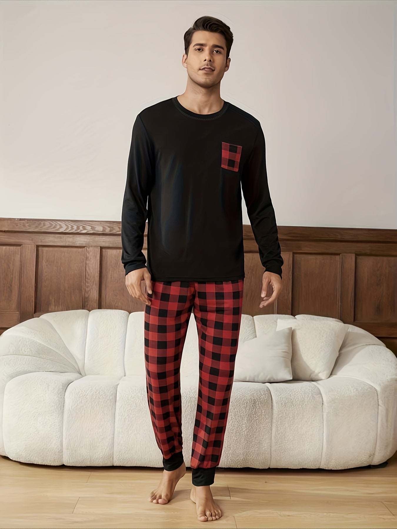 Men's Long Sleeve Plaid Pajama Set in Polyester Knit Fabric with Pockets for Fall Winter