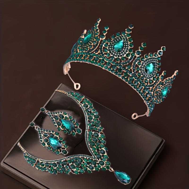 European Style Bridal Rhinestone Hair Accessories Set with Crown Necklace and Earrings