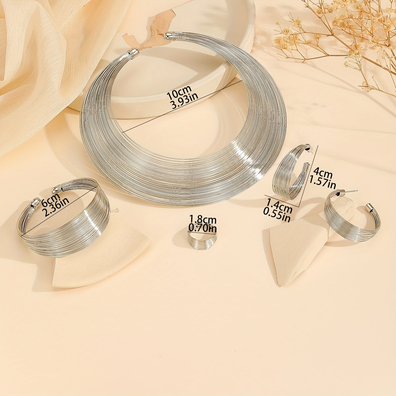 Gold Plated Jewelry Set with Necklace Bangle Earrings and Ring in Silver or Gold