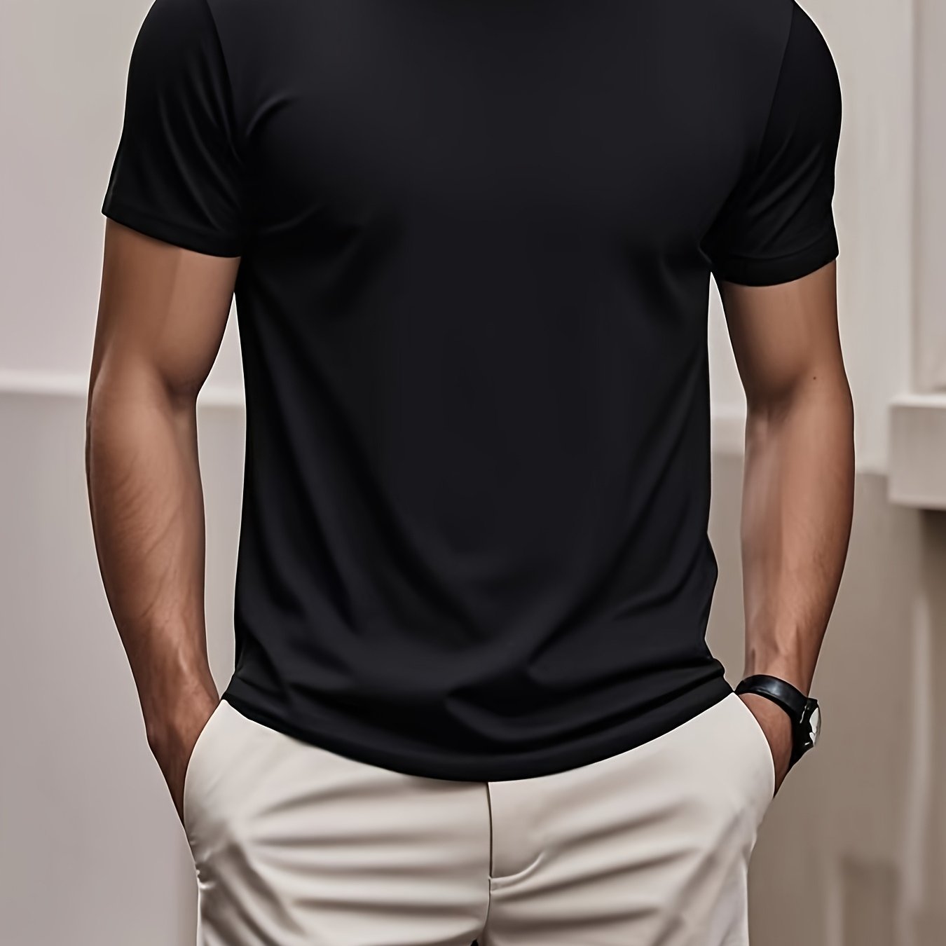 Erkaklar uchun bir rangli, yumshoq bo'yinli, qisqa yengli polyester futbolka, sport, gimnastika mashg'ulotlari va kundalik tasodifiy kiyim uchun mos. Tez quriydigan va ko'p maqsadli.