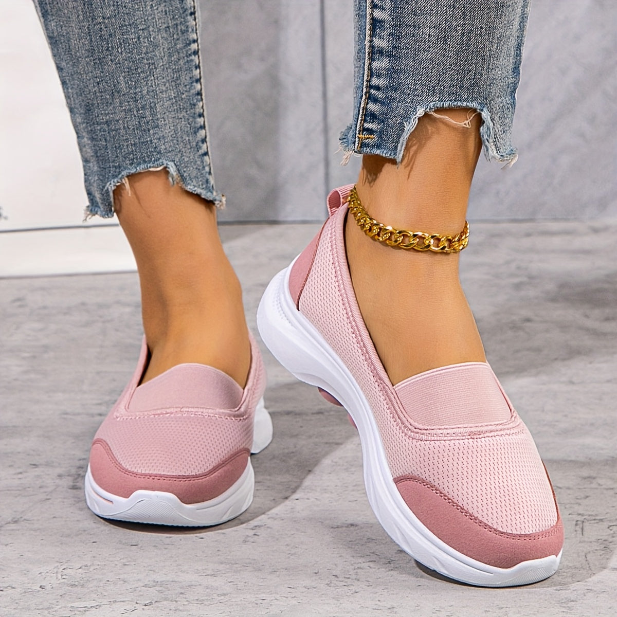 Women's Casual Mesh Slip-On Sneakers, Solid Color, Non-Slip Soft PVC Sole