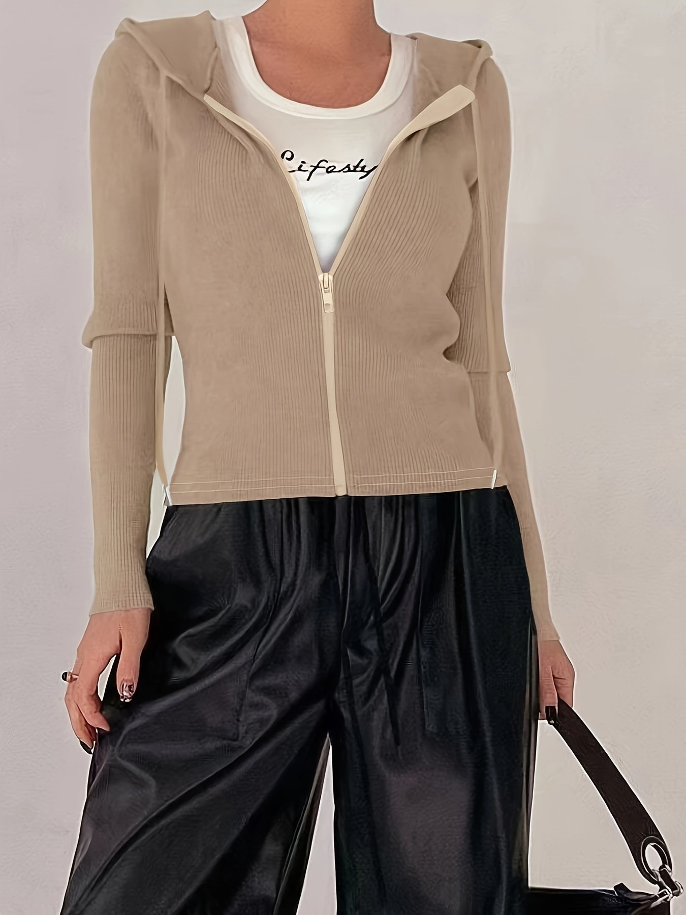 Women's Hooded Jacket Solid Color Knit Polyester Spandex Fall Winter Zipper