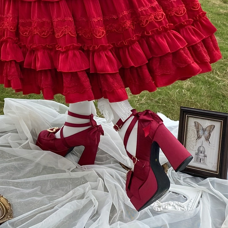 Women's Chunky Heel Pumps with Bow and Heart Buckle Fabric All-Season