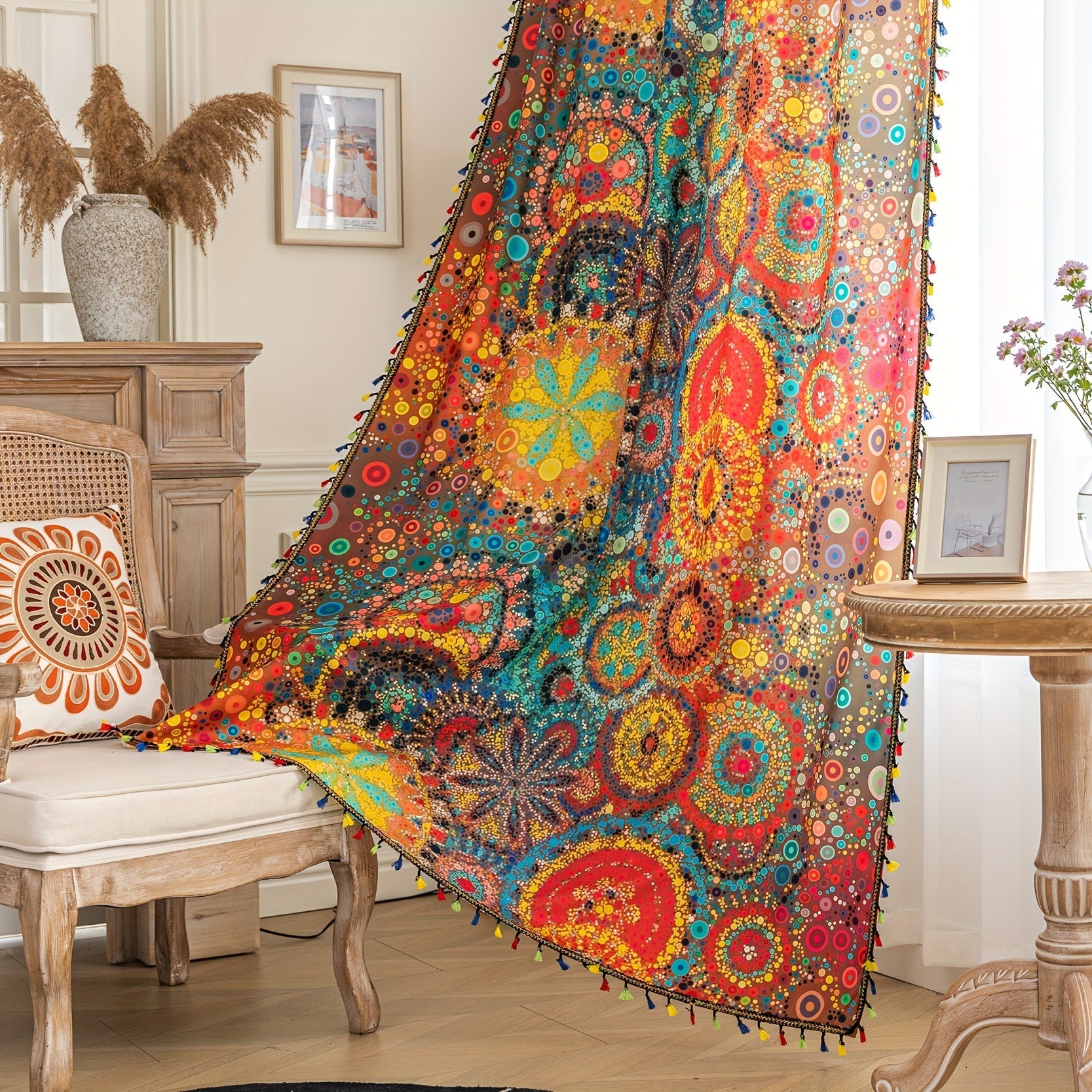 Conjunto de cortinas estilo granja bohemia de 2 piezas, con puntos de colores, rayas, borlas, filtrado de luz y privacidad para dormitorio y sala de estar