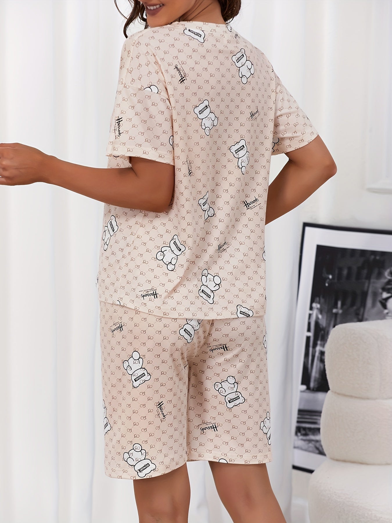 Women's Summer Sleepwear Set with Bear and Letter Print Short Sleeve Top and Capri Pants