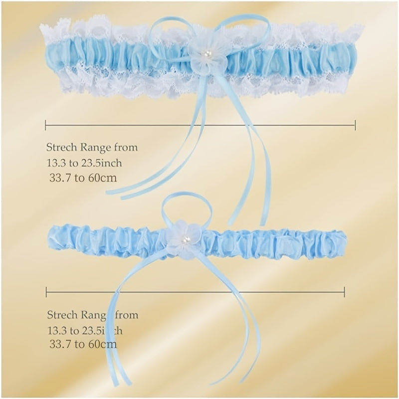 Set of 2 Lace Bridal Garters with Faux Pearl Stretch for Weddings and Special Occasions