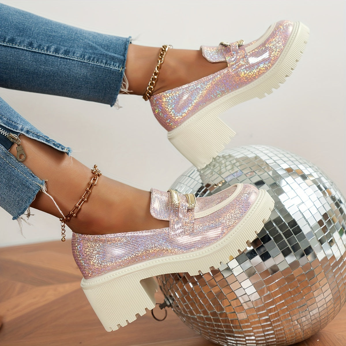 Women's Glitter Loafers Pink Sequin Slip-On Shoes with Chunky Heel