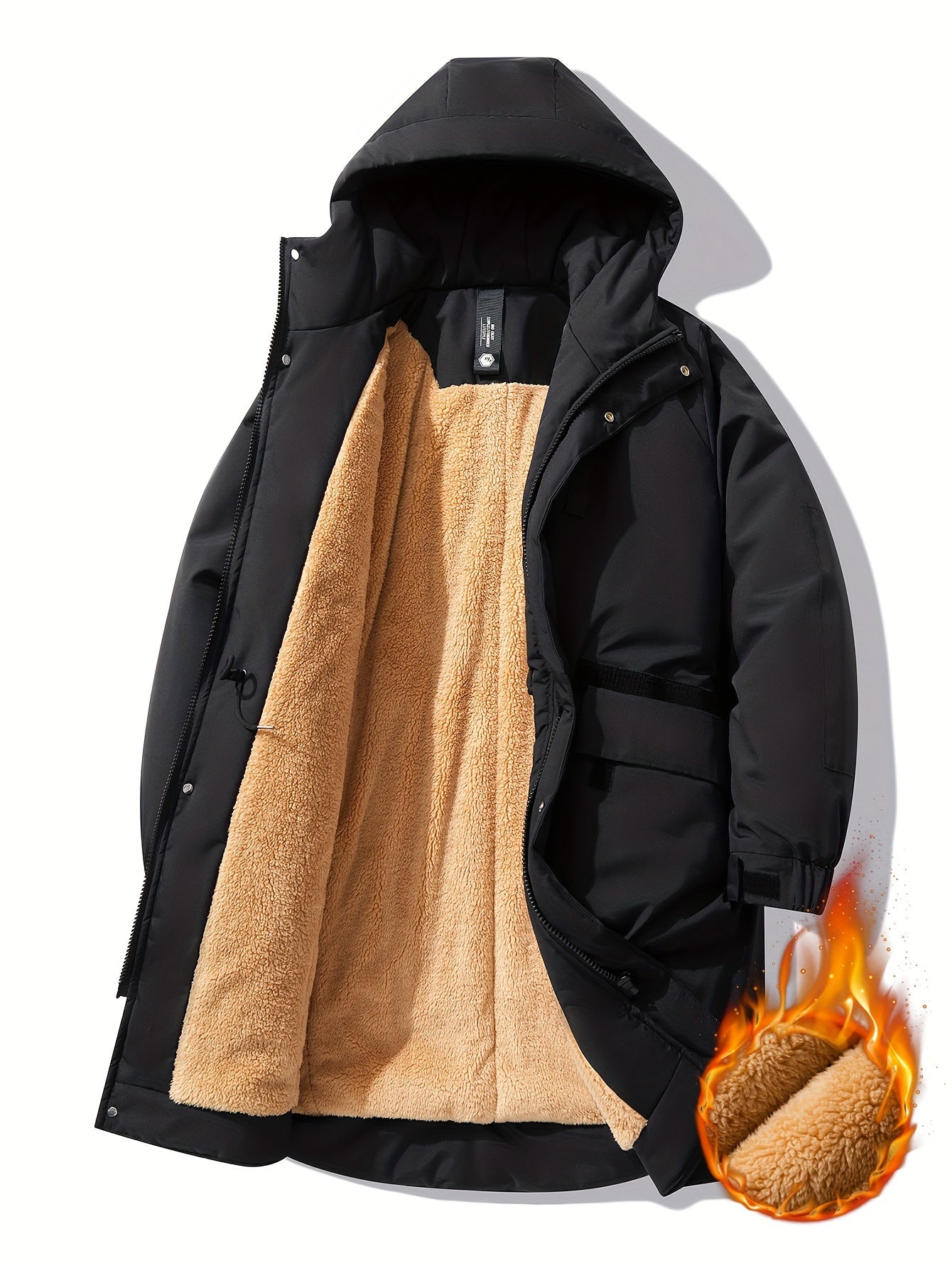 Men's Plus Size Winter Coat Hooded Long Jacket Fleece Lined Solid Polyester