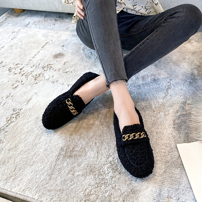 Women's Cozy Slip-On Winter Shoes with Golden Chain Black Beige Indoor Outdoor