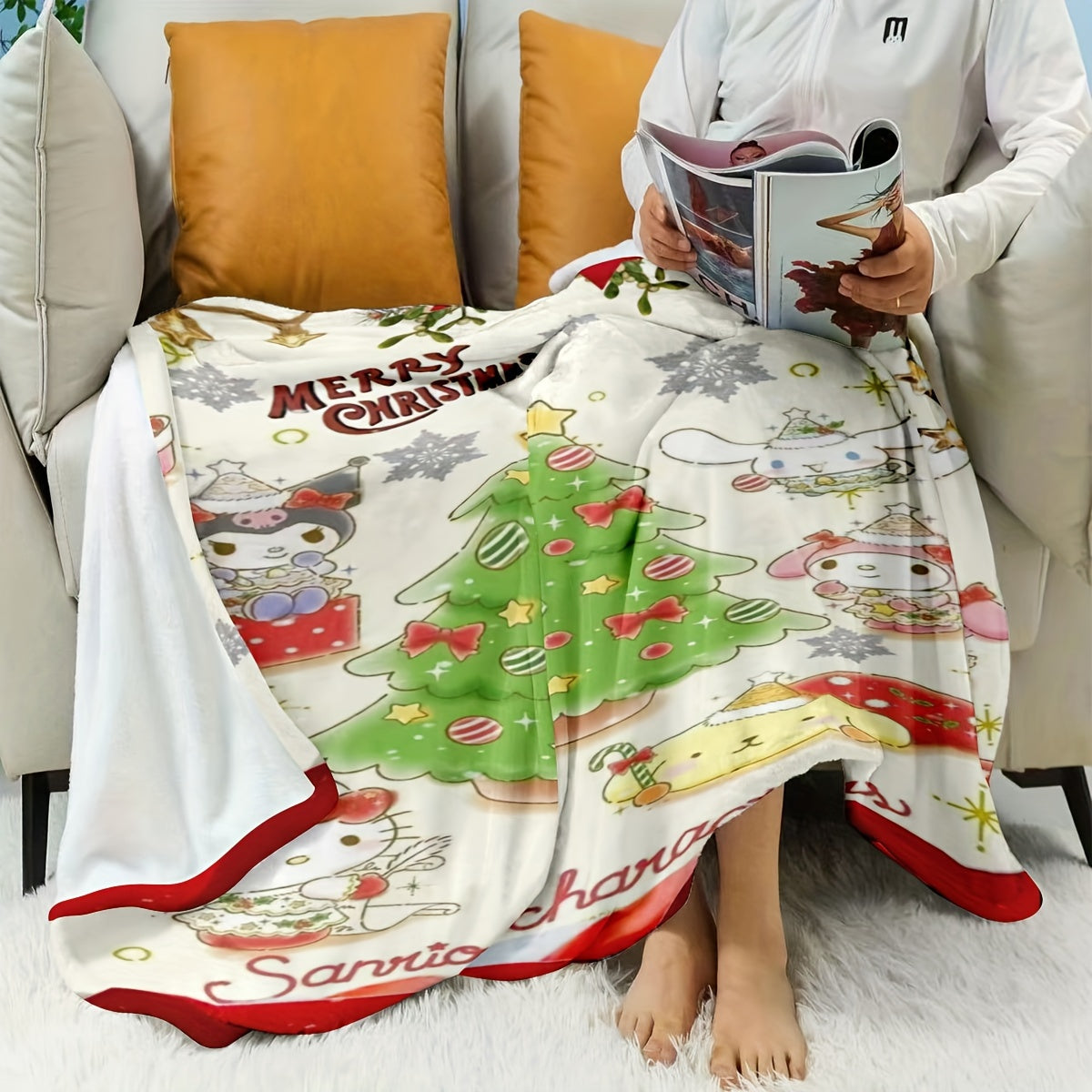 Personalized Christmas Hello Kitty Blanket Soft Fleece Gift for Bed Sofa Car Home