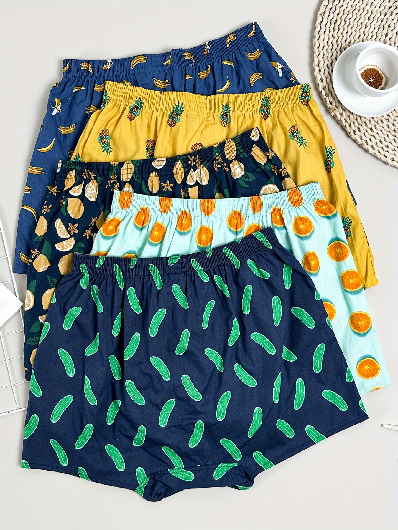 Men's Cotton Boxer Briefs with Fruit Print Breathable Comfortable Casual Underwear