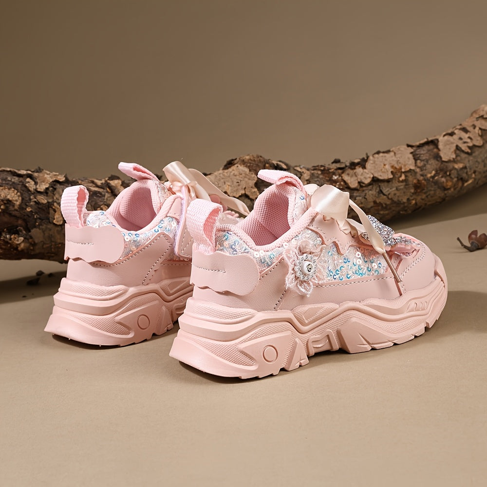 Girls' Casual Sneakers with Rhinestones and Butterfly Bow Lightweight Soft for Spring and Fall