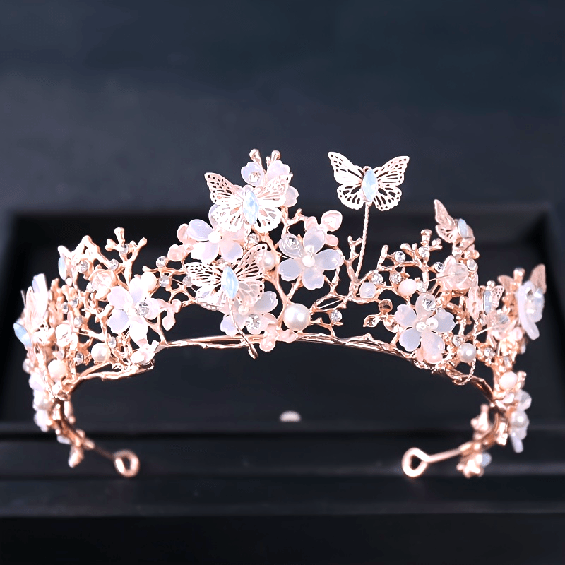 Bridal Floral Crown with Pearls Rhinestones Butterfly Wedding Hair Accessory