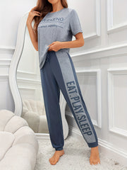 Conjunto de pijama con bloques de color, letras y manga corta, pantalones largos, mezcla de poliéster, lavable a máquina