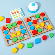 Wooden Dual-Player Battle Game for Kids with Geometric Shape Matching and Building Blocks