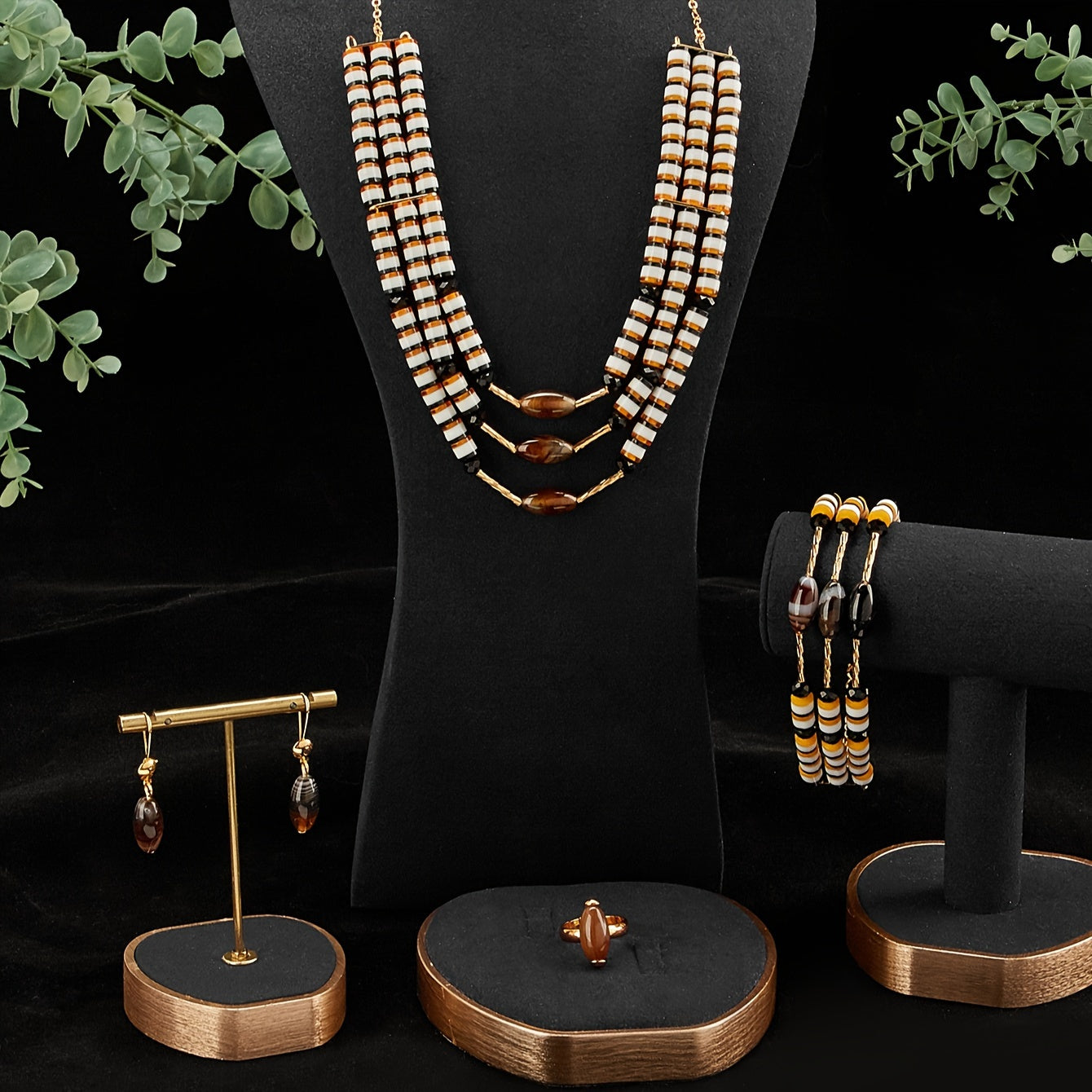 Gold-Plated Copper Jewelry Set for Women Necklace Earrings Bracelet Ring Elegant Gift