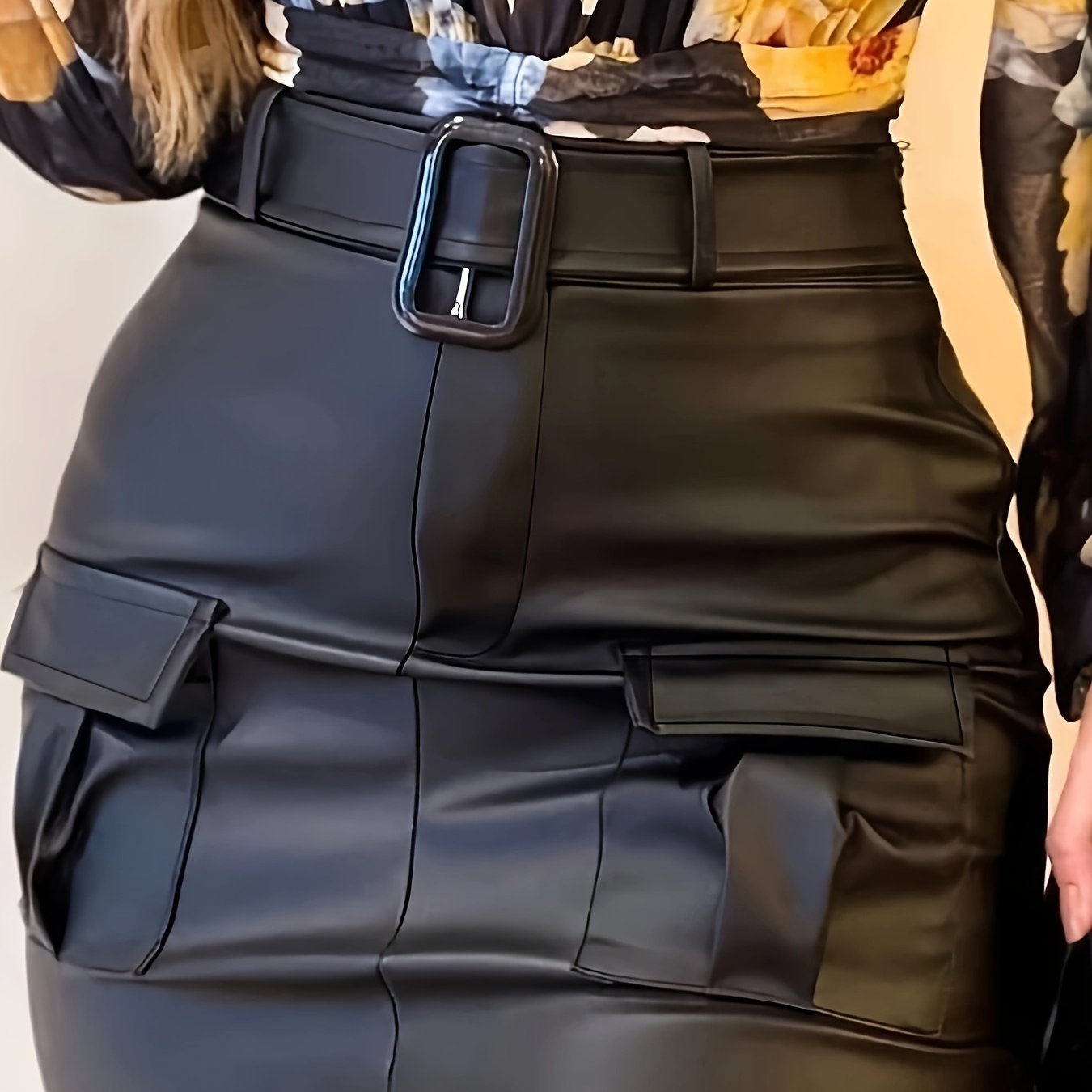 Women's High-Waisted Black Stretch Skirt with Pockets for Spring Summer Fall