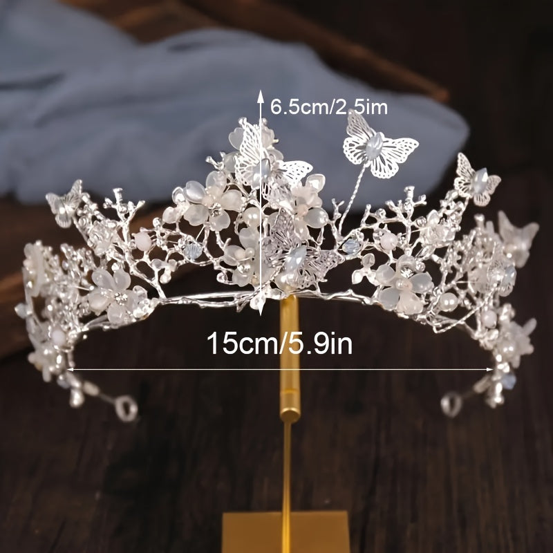 Conjunto de joyería nupcial con cuentas de cristal, perlas falsas, diseño de mariposa, collar de piedras de fantasía, pendientes y tiara