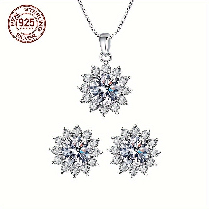 Sterling Silver Sunflower Jewelry Set with Cubic Zirconia Earrings and Pendant