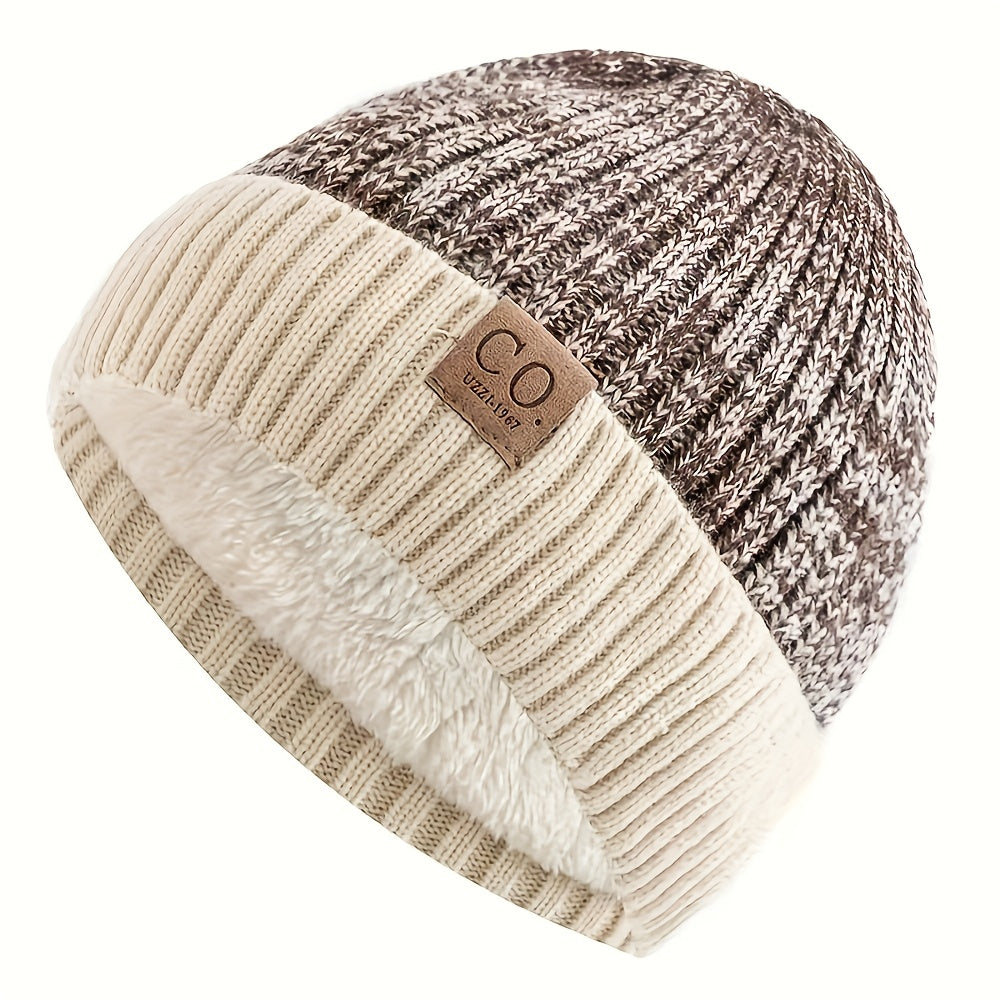 Knit Beanie with Letter Patch, Fleece-Lined, Ear Protection, Men’s Sporty Hat