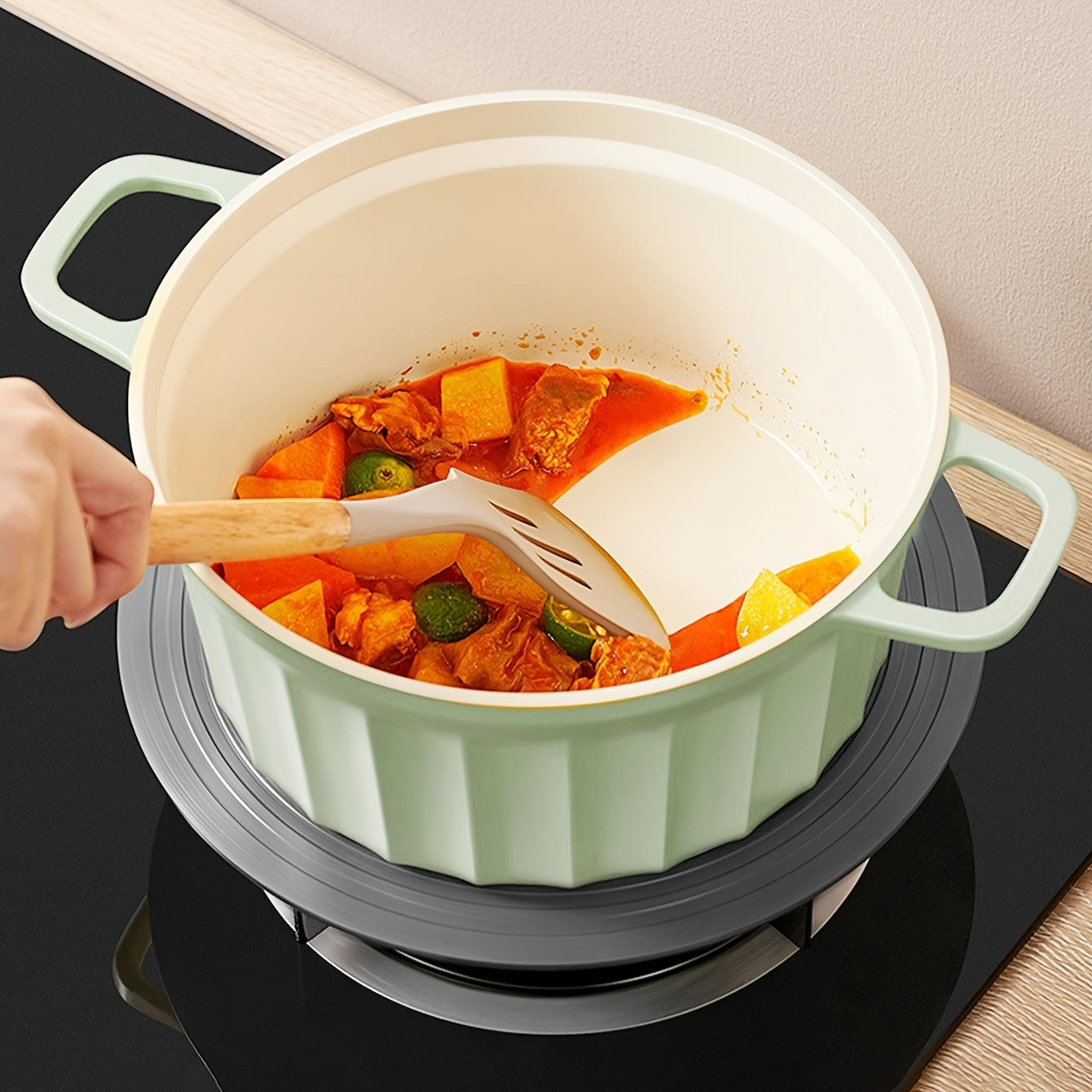 Olla de aluminio con recubrimiento de esmalte antiadherente y tapa, resistente al calor, olla de cocina versátil