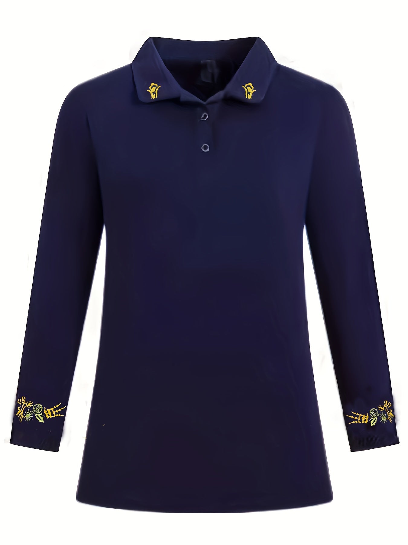 Women's Black Long Sleeve Shirt with Floral Embroidery, Polyester, Casual Spring Fall