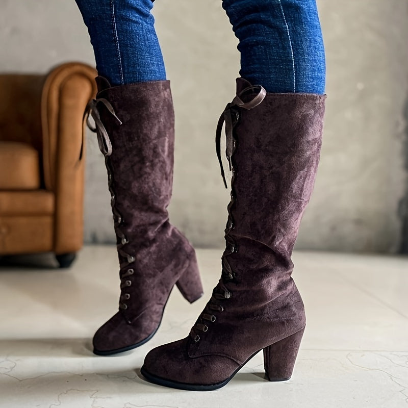 Women's Solid Color Chunky Heel Boots Lace-Up Knee High Shoes