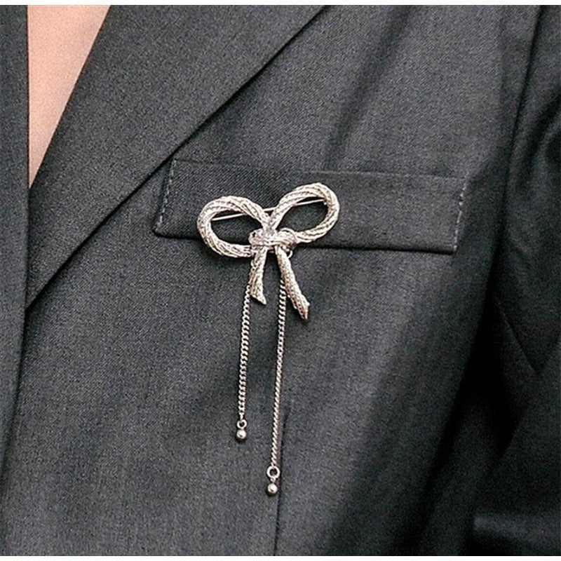 Unisex Enamel Bow Ribbon Tassel Chain Brooch Pin Elegant Jewelry