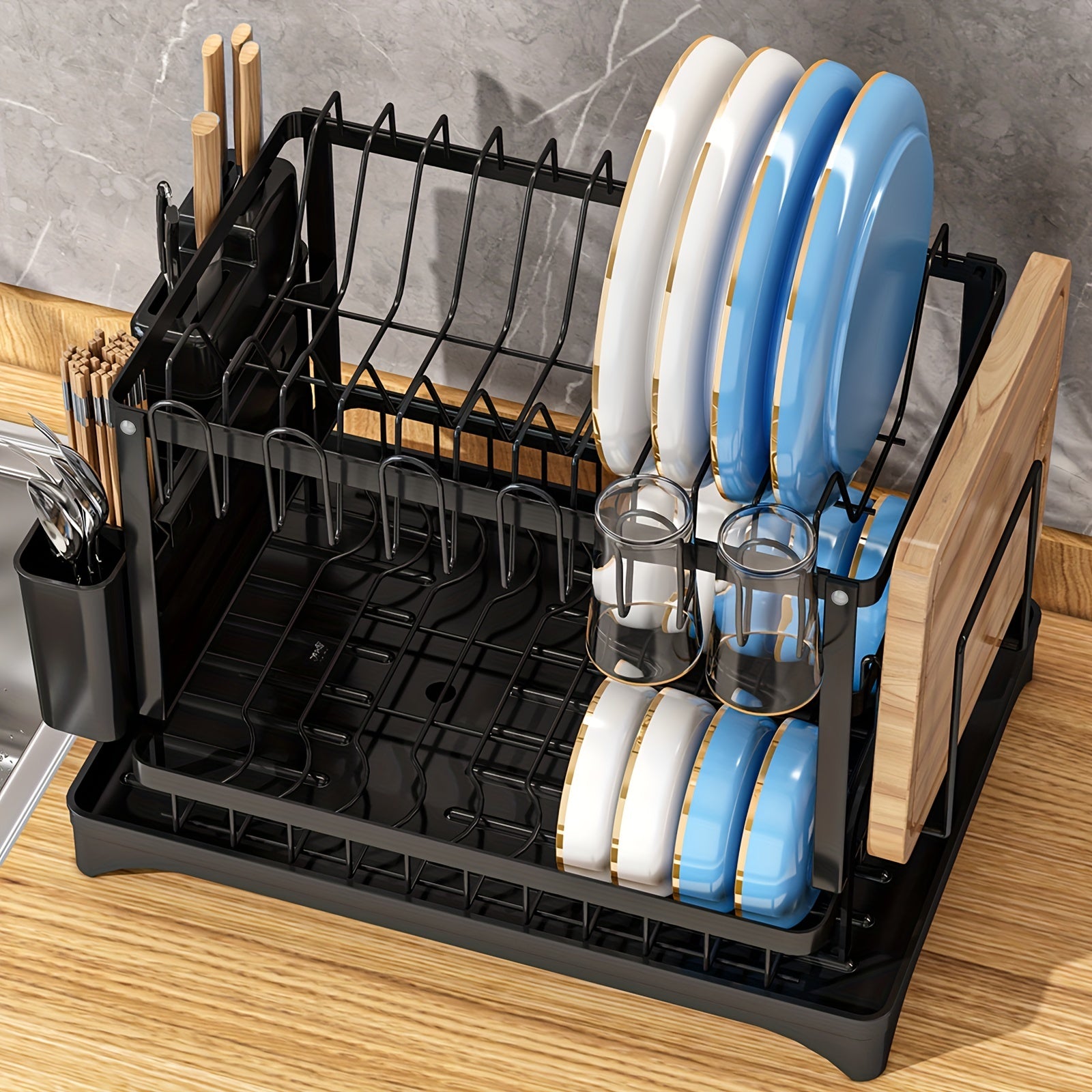 Dish Drying Rack Two-Tier with Drainboard Utensil and Cup Holders White Black