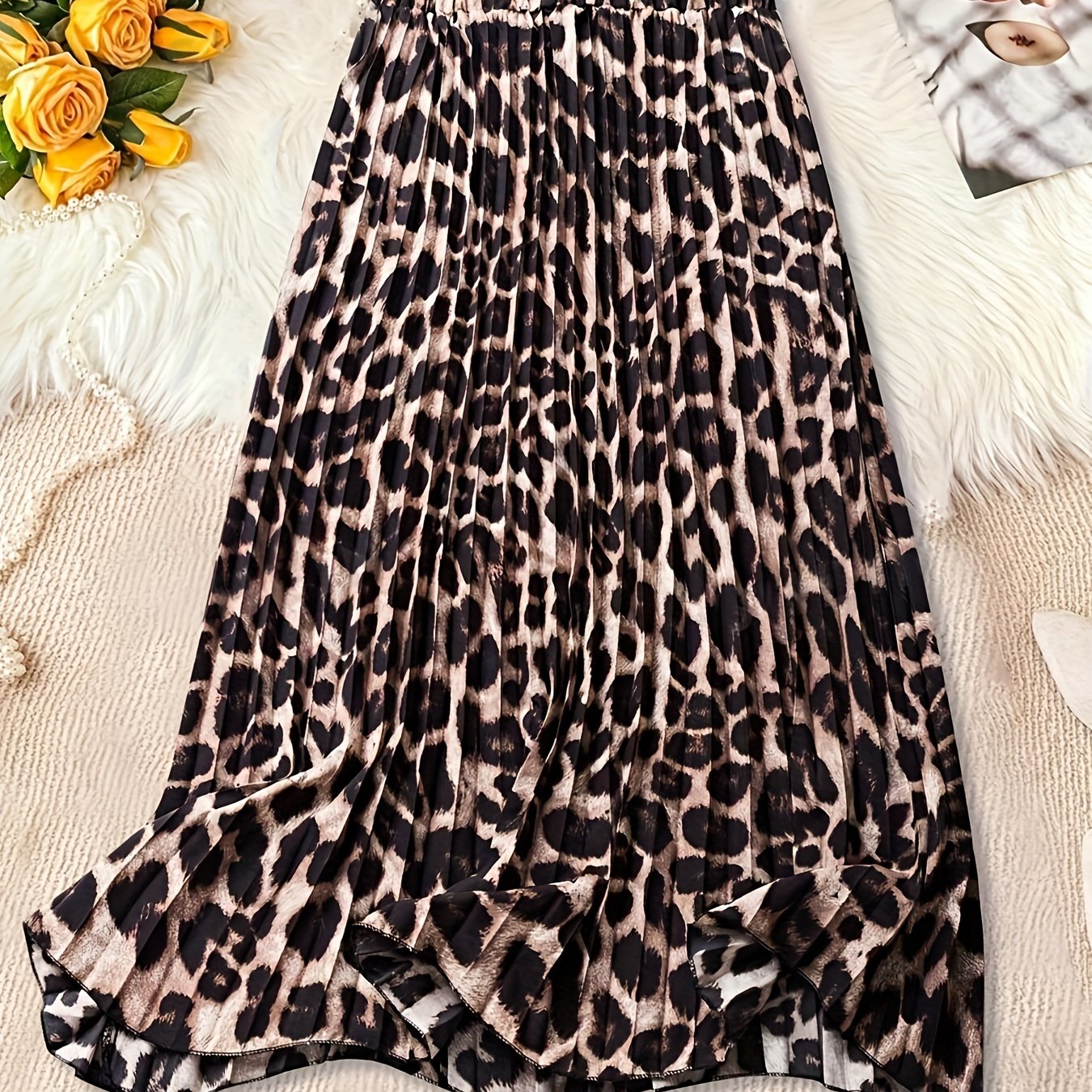 Леопардовая юбка с высокой талией и плиссировкой для женщин, лето, весна, длинная расклешенная мода