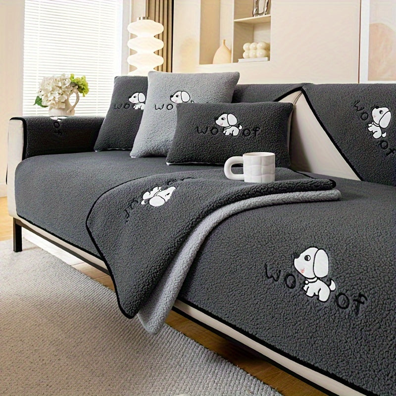 Charcoal Sofa Cover with Dog Pattern for Various Sizes and Home Decor