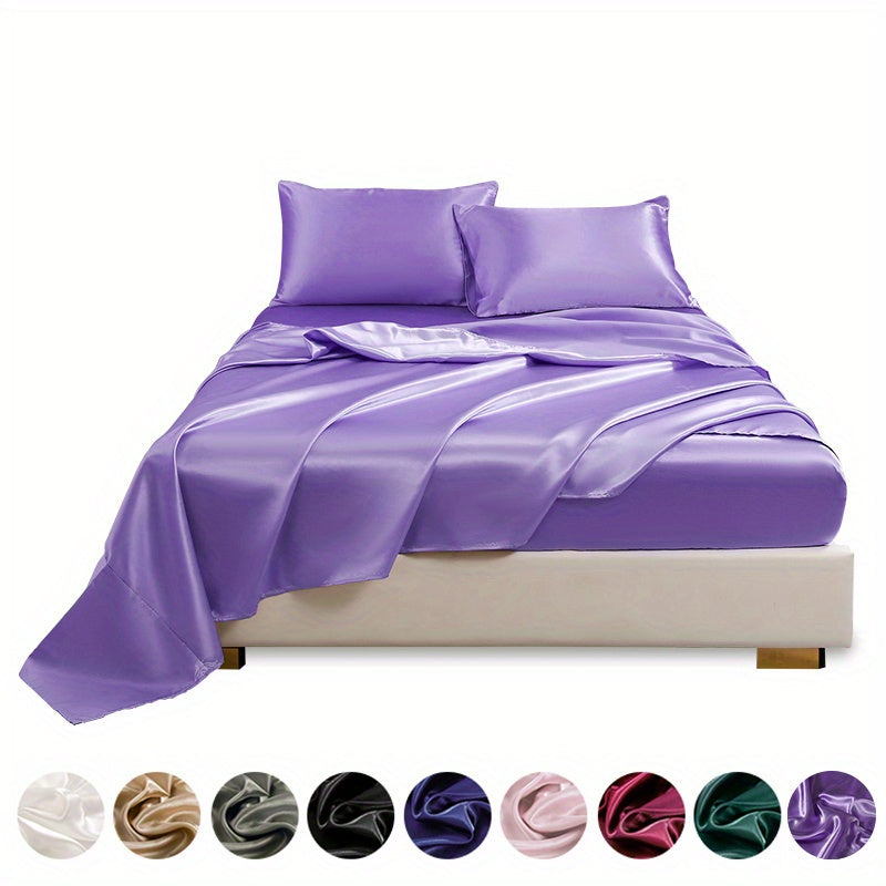 Polyester Satin Fitted Sheet Set 4 Pieces Includes Pillowcases Available in Twin Full Queen King
