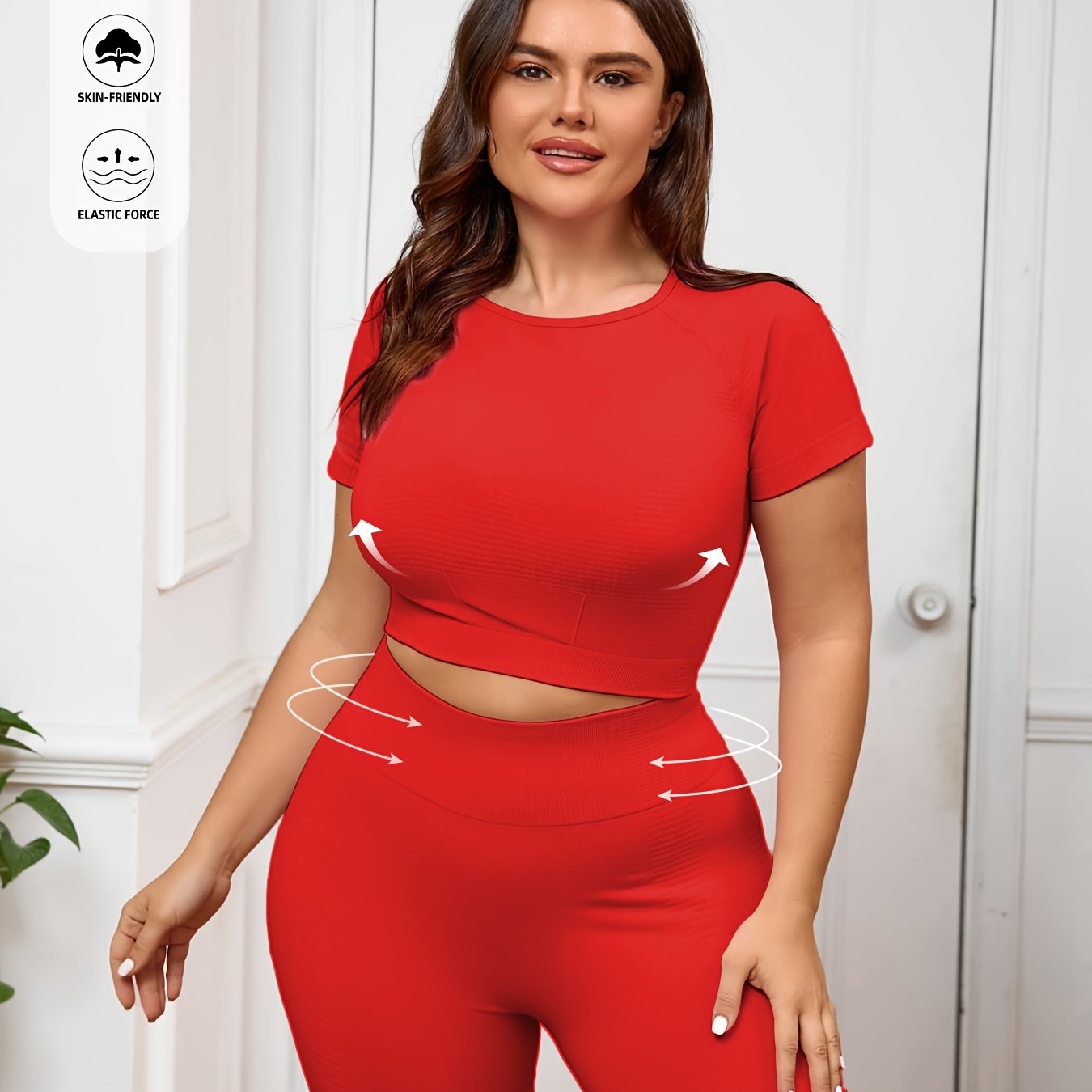 Plus Size Women's Seamless Nylon Yoga Set Short Sleeve T-Shirt and Tight Shorts