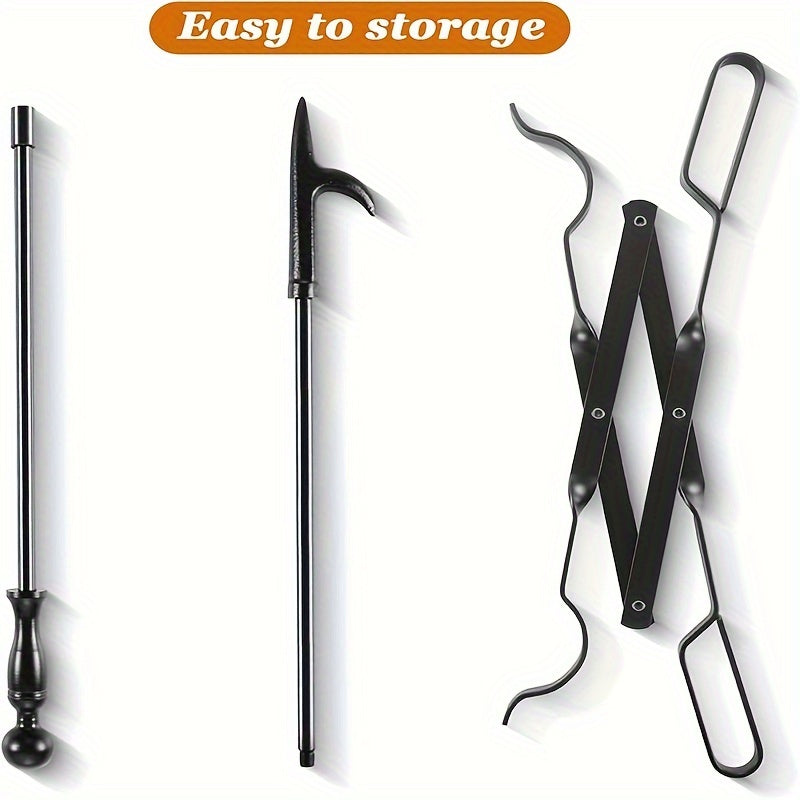 Rugged Iron Fireplace Poker Set with Heavy Duty Tongs for Indoor Outdoor Use