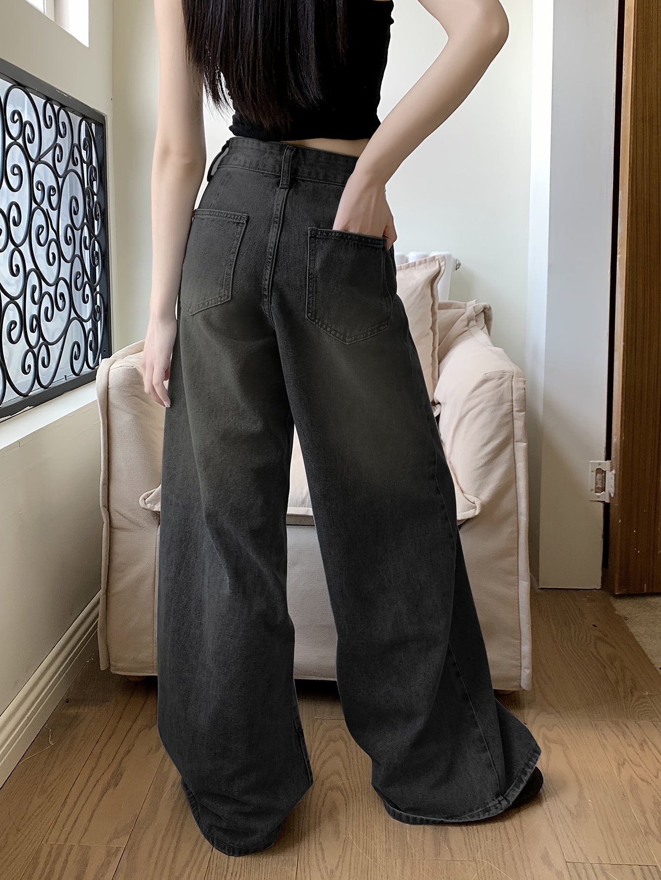 Women's High-Waisted Wide Leg Denim Jeans Solid Color Non-Stretch Casual Spring Summer Fall