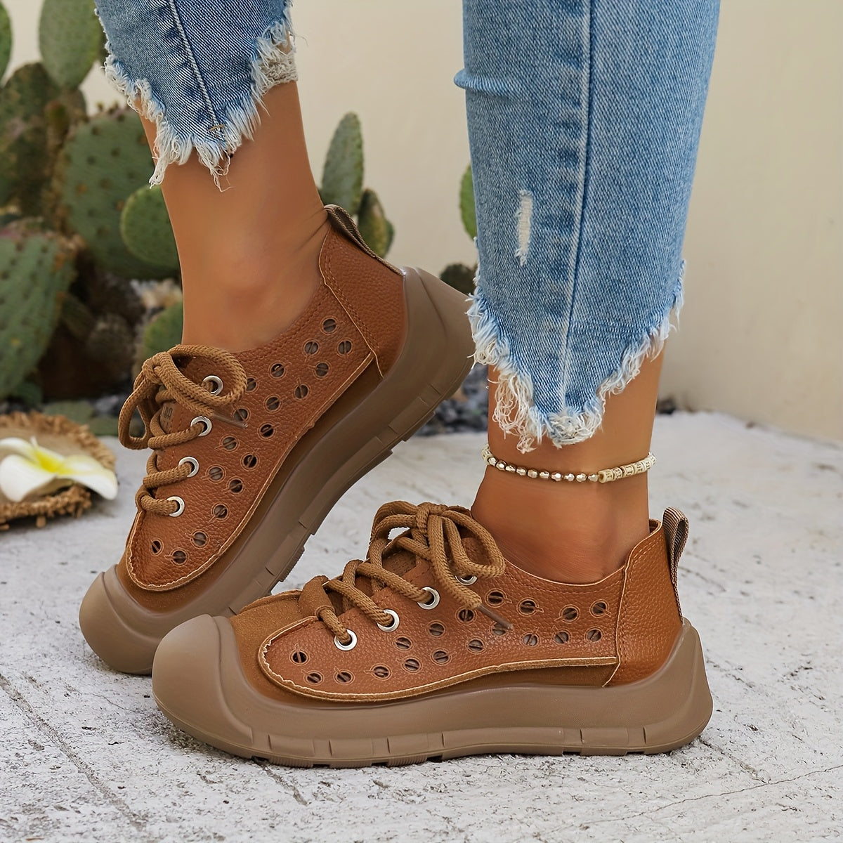 Women's Breathable Microfiber Slip-On Loafers with Cut-Out Design Brown Summer Casual Shoes