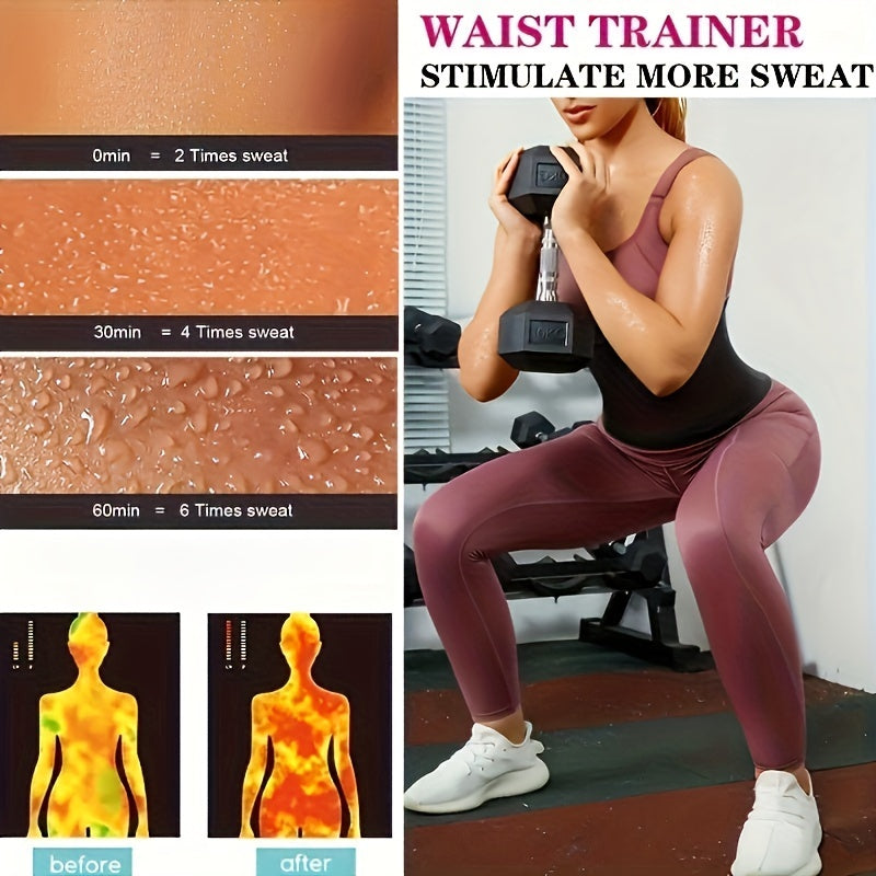 "Женский пояс для тренировки с высокой потоотдачей, изготовленный из 90% полиэстера и 10% спандекса, с сауной эффектом для контроля живота и подтяжки абдоминальной области. Средний уровень контроля с застежкой на резинку."