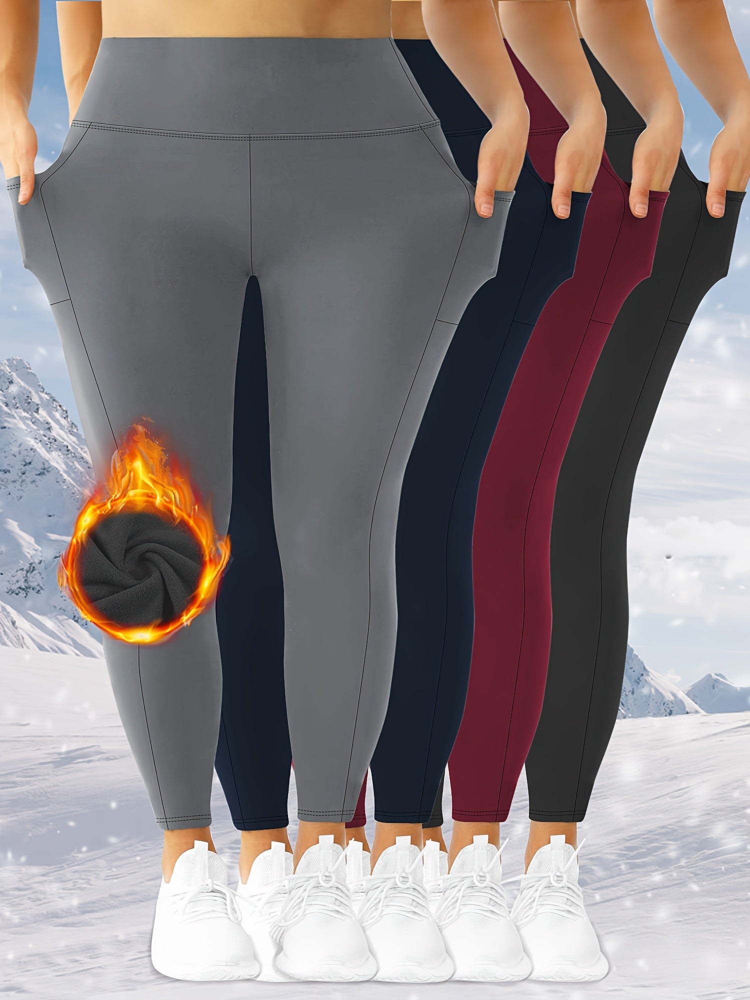 Leggings de cintura alta con forro de felpa y bolsillos para otoño/invierno