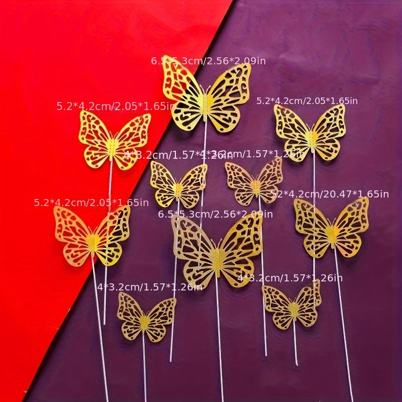 Set of 10 Gold and Silver Butterfly Cake Toppers Hollow Wall Stickers 3D Decorations
