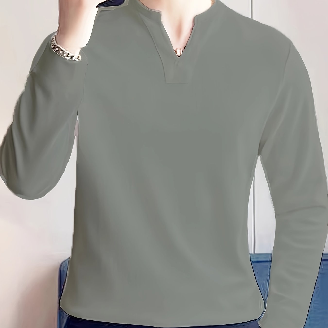 Camiseta de manga larga con cuello en V para hombre, mezcla de poliéster, color sólido, transpirable, casual, primavera y otoño