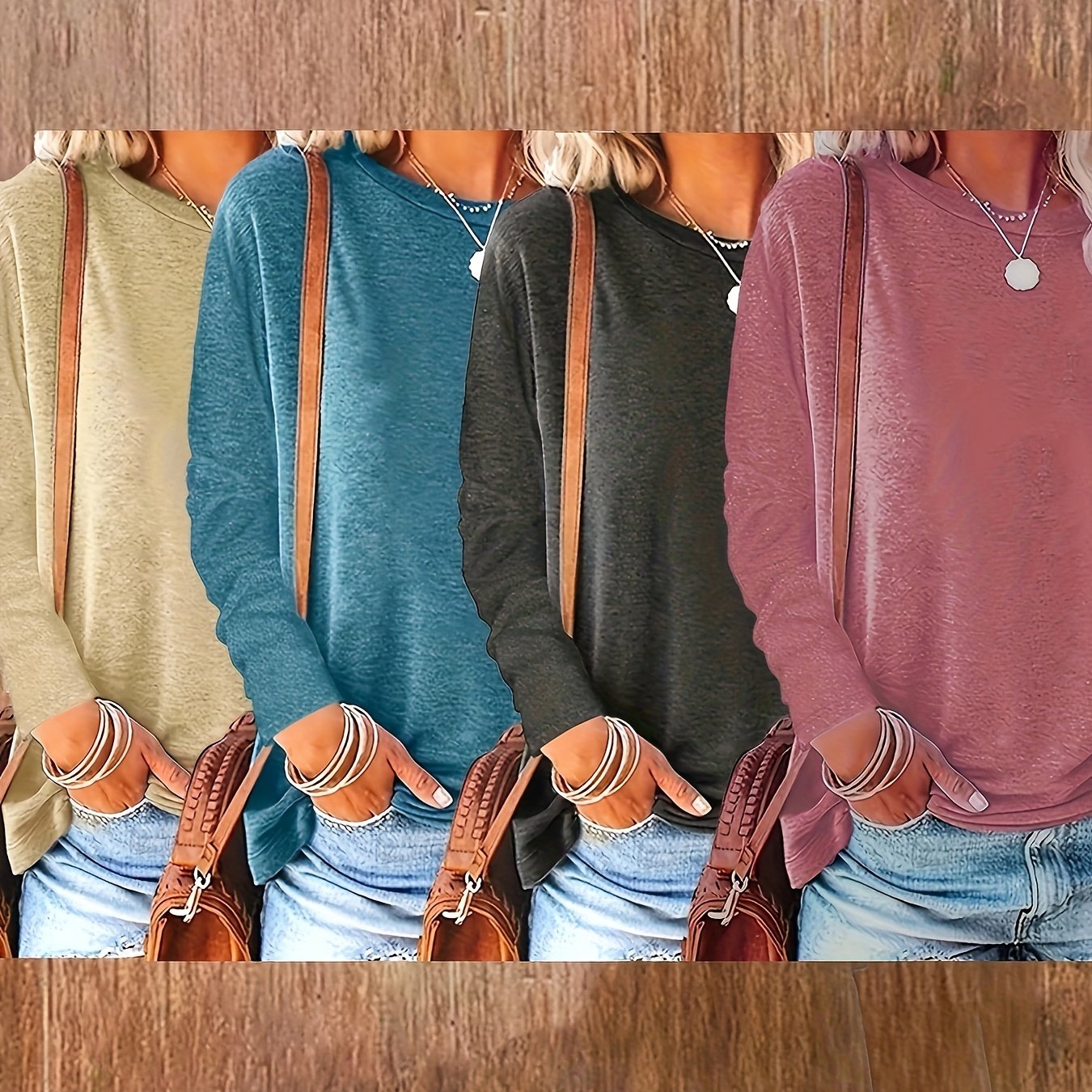 Women’s Long Sleeve Crew Neck Tops 4-Pack, Solid Polyester Rayon, Loose Fit