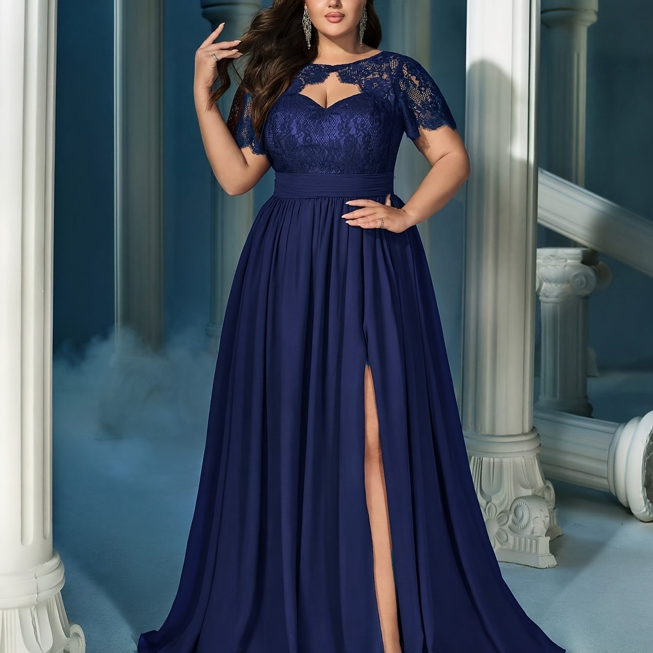 Vestido largo de noche de mujer talla grande con encaje, cintura alta, vestido formal