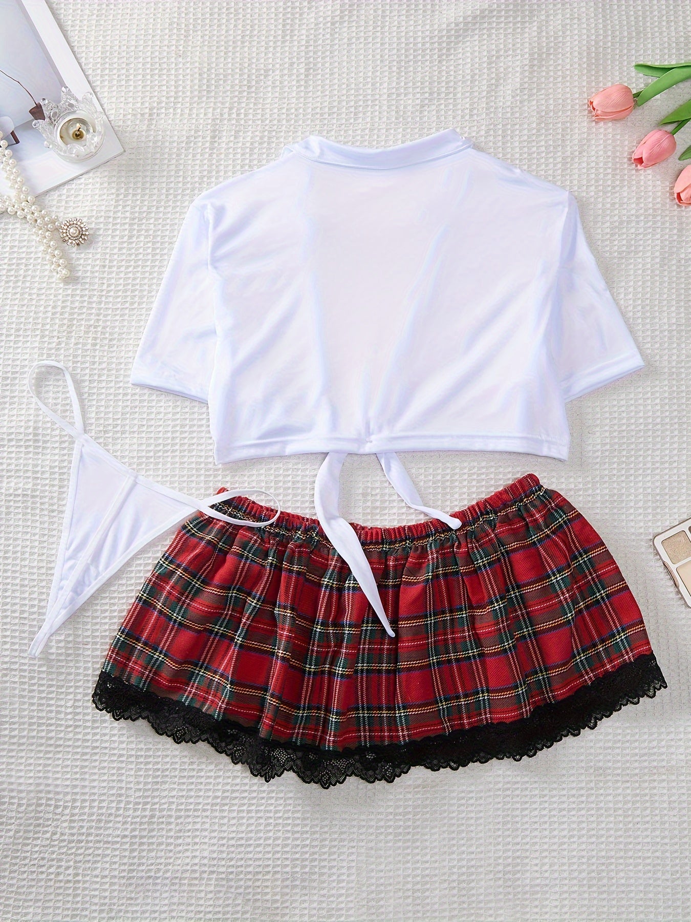 Women's Lingerie Set with Plaid Skirt for Seductive Role-Play