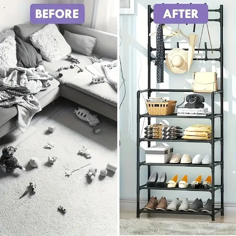 Estante para zapatos de metal de 5 capas, 8 ganchos, almacenamiento multiusos para dormitorio y baño